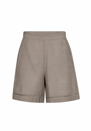 Taufé színű, magas derekú len rövidnadrág rugalmas derékpánttal és díszítő, áttört szegéllyel a szárvégeknél és az oldalak mentén.