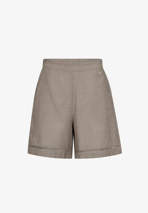 Taufé színű, magas derekú len rövidnadrág rugalmas derékpánttal és díszítő, áttört szegéllyel a szárvégeknél és az oldalak mentén.