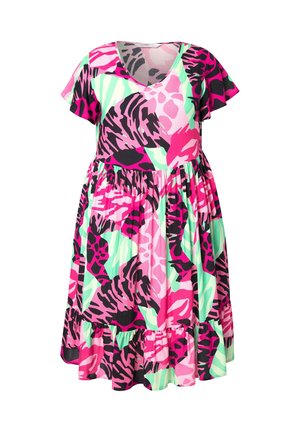 Korte mouwen jurk in een levendig roze, groen en zwart dierenprint; heeft een V-halslijn en een gelaagde ruffle zoom voor een relaxte pasvorm.