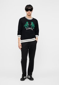 Homme debout, mains dans les poches, portant un sweat-shirt noir avec des dinosaures dessinés en vert et le texte "ICEBERG", un pantalon noir, des baskets et des lunettes de soleil.