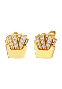 Boucles d'oreilles dorées en forme de contenant de frites, ornées de cristaux transparents et scintillants, avec une finition texturée et un design détaillé.