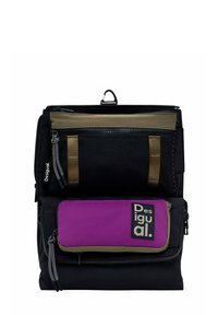 Black backpack with zipper closures, front mesh pocket, and a purple rectangular pouch featuring a logo. Material appears durable and textured.