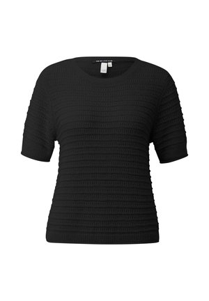 Czarny krótki sweter z krótkim rękawem z poziomym, teksturowanym wzorem pasków i okrągłym dekoltem, oznaczony rozmiarem małym, z kolekcji „The QS Love Club.”