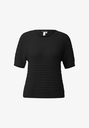 Czarny krótki sweter z krótkim rękawem z poziomym, teksturowanym wzorem pasków i okrągłym dekoltem, oznaczony rozmiarem małym, z kolekcji „The QS Love Club.”