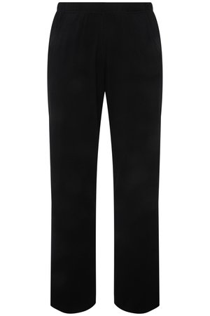 Černé kalhoty s rovnými nohavicemi, bočními kapsami a plochým pasem, zobrazené na bílém pozadí.