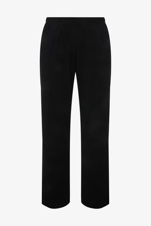 Schwarze Hose mit geradem Bein, Seitentaschen und flachem Bund, dargestellt auf weißem Hintergrund.