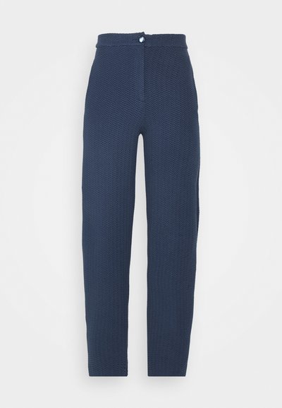 Navy blue, textured trousers with a high waist, featuring a front zipper and a button closure. Straight-leg design with no patterns.