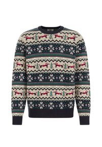 Suéter de punto con cuello redondo que presenta un diseño en crema, verde y azul marino. Los patrones incluyen renos, árboles y copos de nieve en colores festivos.