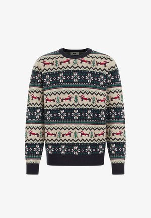 Pulover tricotat cu guler rotund, prezentând un design în nuanțe de crem, verde și bleumarin. Modelele includ reni, copaci și fulgi de zăpadă în culori festive.