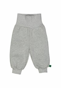 Pantaloni tuta grigi con vita e polsini a coste, caratterizzati da un tessuto texturizzato e un accento verde all'orlo inferiore.