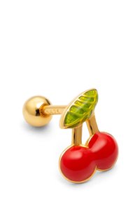 Goldfarbene Ohrringe mit rotem Kirschdesign; verfügen über glänzende rote Emaille-Kirschen und einen grünen Blatton; glatte Textur, kleine Kugel-Rückseite.