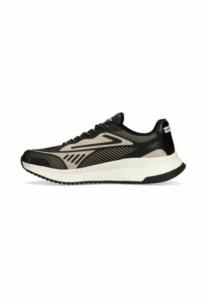 Zwarte en beige atletische sneaker met mesh en synthetische bovenkant, vetersluiting en dikke witte gevoerde zool met zwarte buitenzool.
