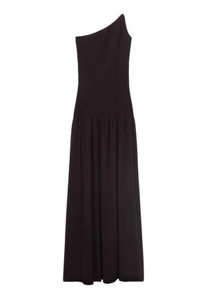 Robe noire asymétrique avec un corsage smocké et une jupe fluide. Fabriquée en tissu léger à la texture lisse.