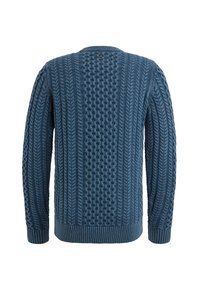 Blau gestrickter Pullover mit texturierten Mustern, der eine Mischung aus geflochtenen und Knötchen-Designs aufweist. Rippbündchen und Saum.