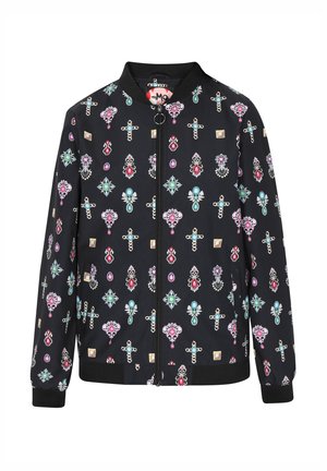 Sort bomberjakke med et farverigt juvmønster, med lynlås foran, ribbede manchetter og rund halsudskæring.