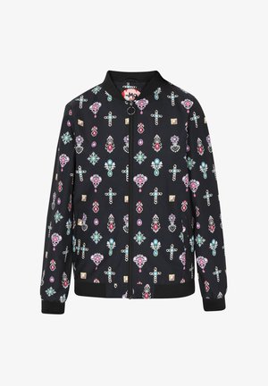 Czarna kurtka bombowiec z kolorowym wzorem w klejnoty, z zamkiem z przodu, ściągaczami na rękawach i okrągłym dekoltem.