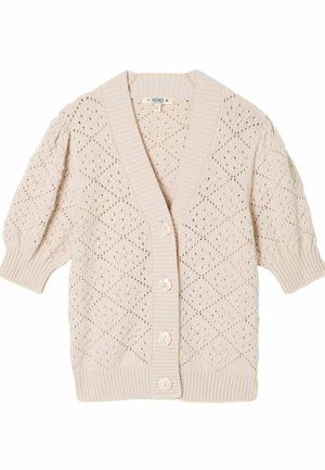 Light beige cardigan with a ribbed V-neck and short puff sleeves. Features diamond patterns and four large buttons in the front.
