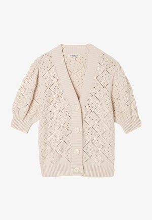 Hellbeige Strickjacke mit einem gerippten V-Ausschnitt und kurzen Puffärmeln. Verziert mit Diamantmustern und vorne mit vier großen Knöpfen.