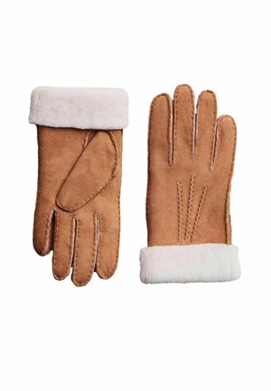 Brown suede gloves with a soft, white fleece cuff. Features include stitching details and a rounded thumb design for enhanced comfort.