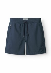 Marineblaue Badeshorts aus leichtem Stoff. Mit einem elastischen Taillenbund mit Kordelzug, Seitentaschen und einem Logo am unteren Bein.