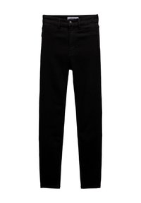 Jeans de mezclilla negra con un ajuste slim, diseño estándar de cinco bolsillos, cintura de altura media y una textura suave. Presenta cierre frontal de botón y cremallera.