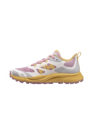Trailruningschoen met een wit en geel ontwerp. Voorzien van paarse accenten, ademend mesh, een geprofileerde zool voor grip en een versterkte neus.