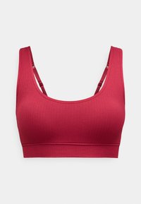 Červená športová podprsenka s rebrovaným vzorom, širokými ramienkami, okrúhlym výstrihom a širokým podväzkom. Mäkká textúra tkaniny s minimálnymi švami a bez vystuženia.
