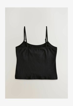 Sort bomulds tanktop med justerbare spaghetti stropper, der har en glat tekstur og en tætsiddende pasform. Klippet lige ved kanten.