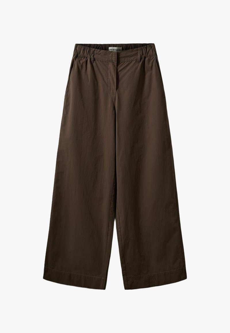 Pantalon marron foncé à jambes larges avec une taille élastique, des passants de ceinture et une fermeture avant par bouton et zip.