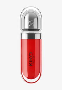 Gloss à lèvres liquide rouge avec un bouchon argenté arrondi, étiqueté "KIKO MILANO" en texte noir sur un tube cylindrique transparent.