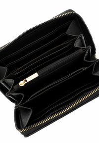 Black leather wallet with gold zipper and hardware. Multiple card slots and one zipped compartment for coins, featuring a smooth texture.