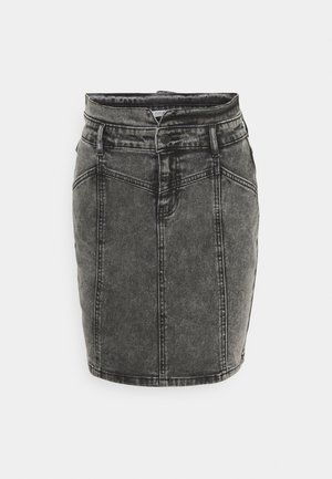 Jupe en denim de couleur noir délavé. Caractéristiques : forme ajustée, design à cinq poches et taille classique avec fermeture à bouton.