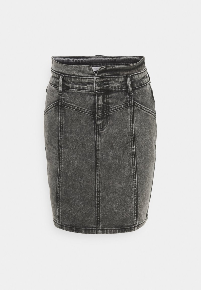 Gonna di jeans in nero sbiadito. Presenta una forma aderente, design a cinque tasche e una vita classica con chiusura a bottone.