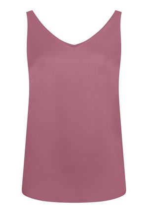 Sleeveless women's top in dusty rose with a V-neck and straight hem, displayed on a white background.