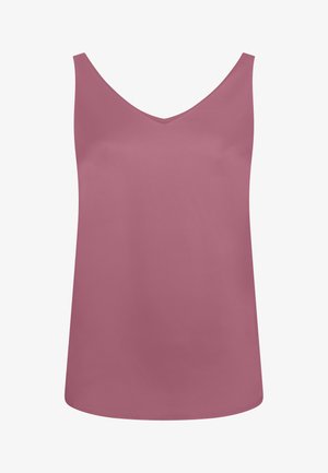 Sleeveless women's top in dusty rose with a V-neck and straight hem, displayed on a white background.