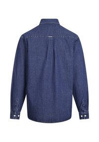 Denimskjorte, mørkeblå, lange ermer, knappede mansjetter, klassisk krage, ryggfaldsdetalj, ensfarget tekstur, uten mønstre eller grafikk.