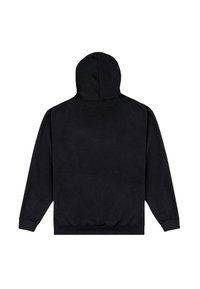 Felpa nera con cappuccio vista da dietro, maniche lunghe, cappuccio attaccato, polsini a costine e orlo a costine su sfondo bianco.