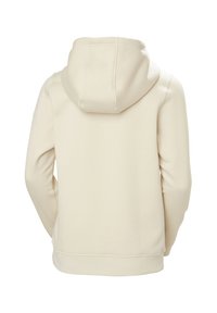 Crème-kleurige sweatshirt met een capuchon, lange mouwen en een zachte textuur. De zoom is geribbeld, zonder zichtbare logo's of graphics.