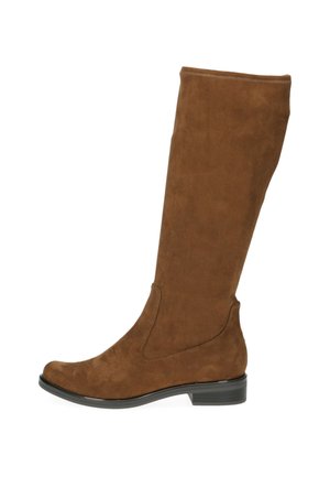 Bottes hautes en daim marron, avec une texture lisse, un bout arrondi et un petit talon noir. Présente un design minimaliste sans matériel visible.