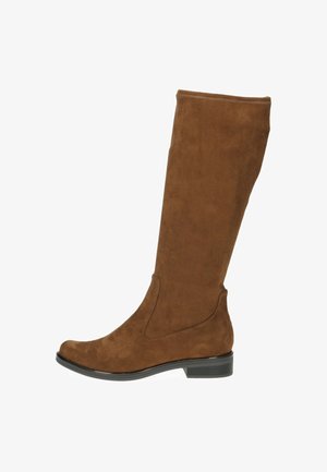 Brown suede knee-high boots with a smooth texture, rounded toe, and low black heel. Features minimalist design with no visible hardware.