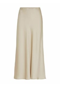 Beige knälång kjol gjord av ett mjukt, lättviktigt tyg. Har en flödande design med en subtil lyster och inga synliga knäppningar.