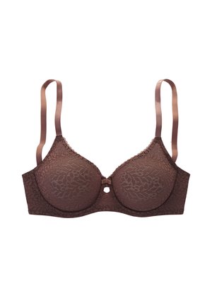 Soutien-gorge marron en dentelle avec armatures, bretelles réglables et un petit nœud décoratif au centre devant.