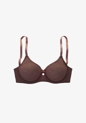 Καφέ ενισχυμένο σουτιέν με δαντέλα, ρυθμιζόμενους ιμάντες και μικρό διακοσμητικό φιόγκο στο κέντρο μπροστά.