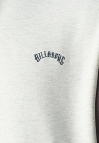 Light gray sweatshirt featuring a dark blue embroidered "Billabong" logo in a curved design on the front. Soft, textured fabric.