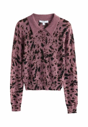 Purple button-up cardigan with black abstract spots, long sleeves, a collar, and ribbed cuffs and hem.