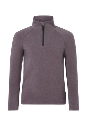 Trui met lange mouwen, paars-grijs, met een hoge kraag en korte zwarte voorrits, ontworpen voor buitenshuis dragen.