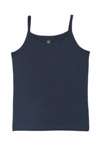 Top de cămașă bleu marin cu bretele subțiri, realizat dintr-un material neted și elastic. Prezintă un decolteu rotund și un tiv ușor la bază.