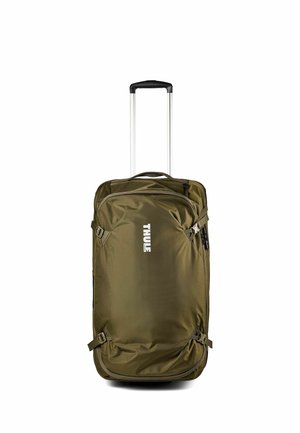 Olive green wheeled soft suitcase with telescopic handle and white Thule logo on front, secured with side compression straps.
