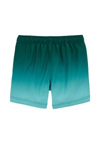 Spodenki kąpielowe w odcieniach od zielonego do turkusowego z elastycznym pasem i podwójnymi przeszyciami na brzegach, ułożone płasko na białym tle.