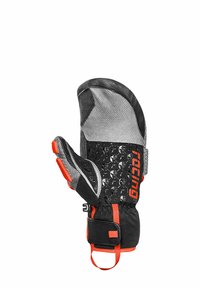 Schwarze und graue Handschuhe mit einem strukturierten Muster, ausgestattet mit einem verstellbaren roten Riemen und einem fingerlosen Design für mehr Geschicklichkeit.